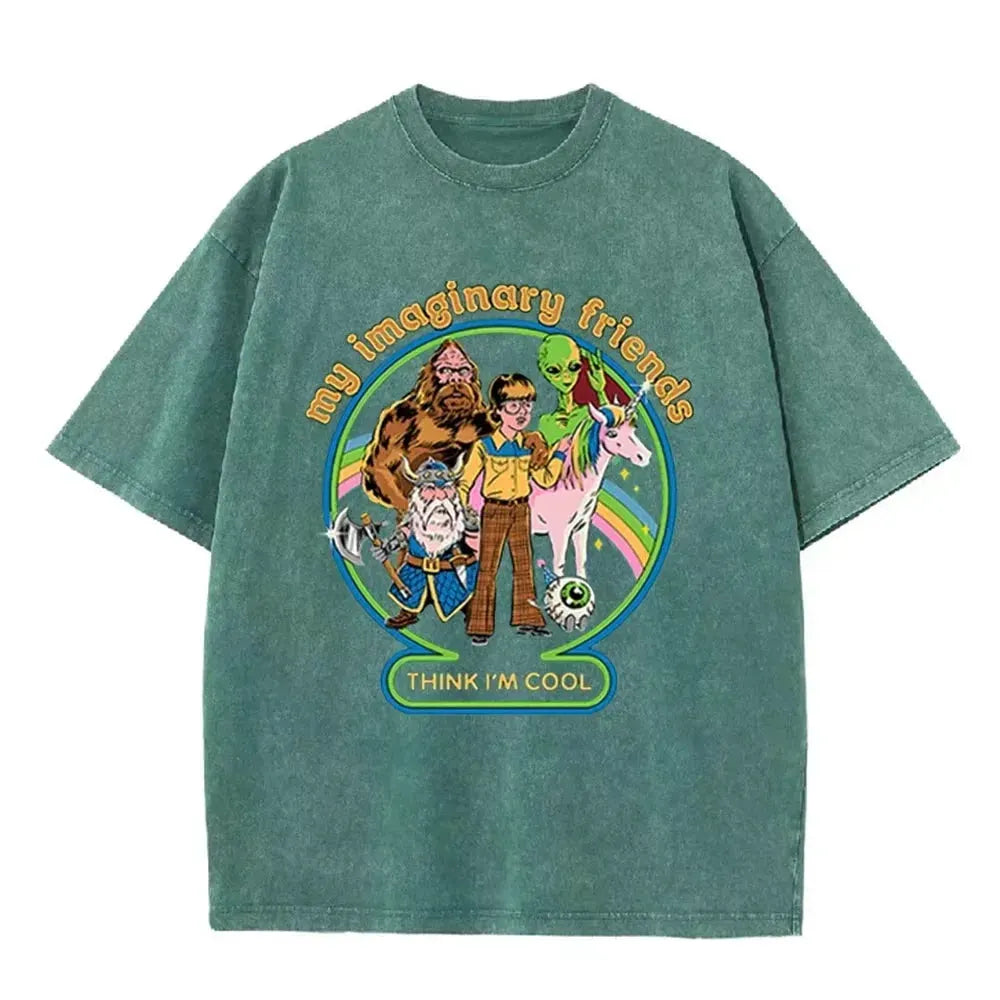 Brown Acid Wash Imaginary Friends Graphic Casual Retro Streetwear Tee by Vimost Shop