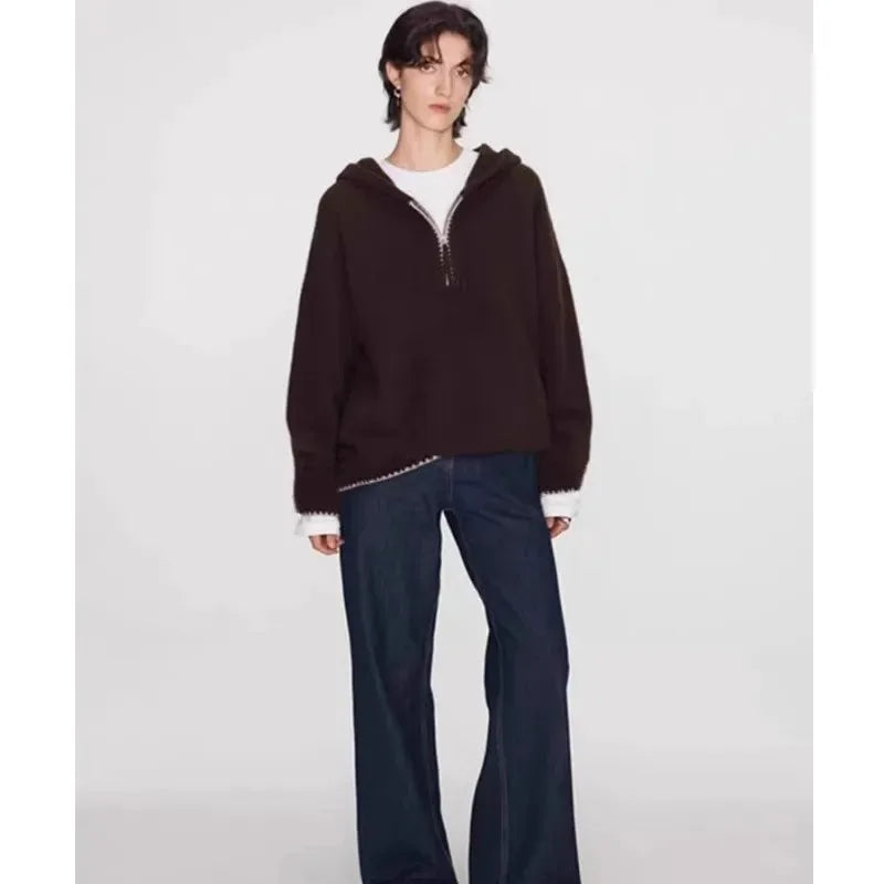 High-end half-zipper hooded 100% cashmere knitted sweater women loose and thick sweater base hoodie top by Vimost Shop