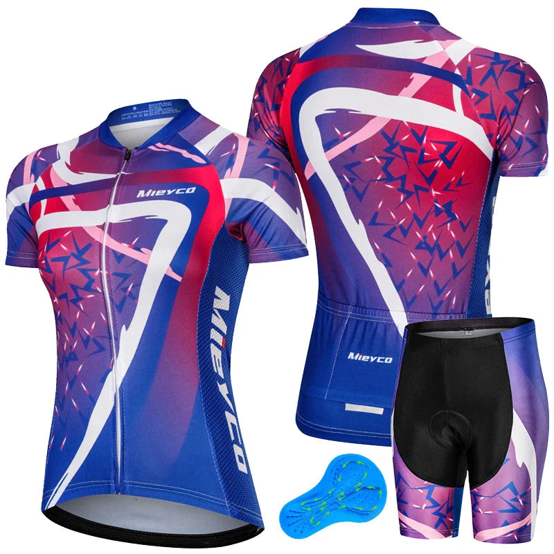 Women Short Sleeve Cycling Jersey Set Summer Bike Bib Shorts Suit-10