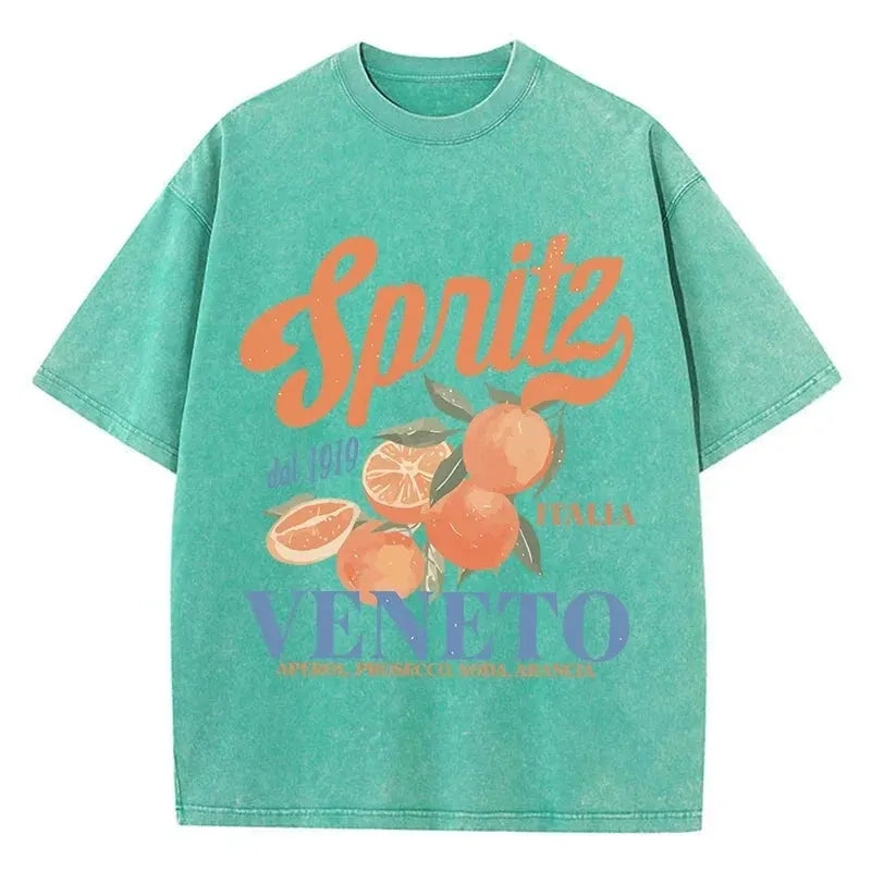 Orange Fruit Printed Washed T-shirt for Men Cotton T-shirt with Holes Round Neck Comfortable Top for Summer Men's Wear by Vimost Shop