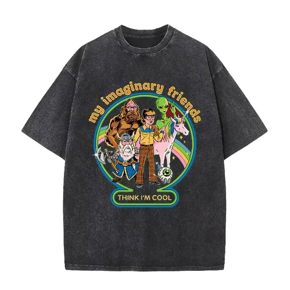 Brown Acid Wash Imaginary Friends Graphic Casual Retro Streetwear Tee by Vimost Shop
