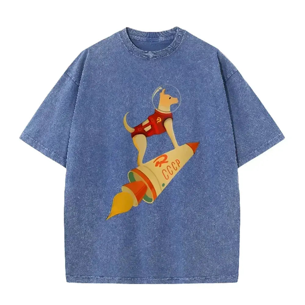 Vintage Washed Gray Tshirt CCCP Laika Space Dog Rocket Cartoon Print Loose Short Sleeve Retro Soviet Casual Tee by Vimost Shop