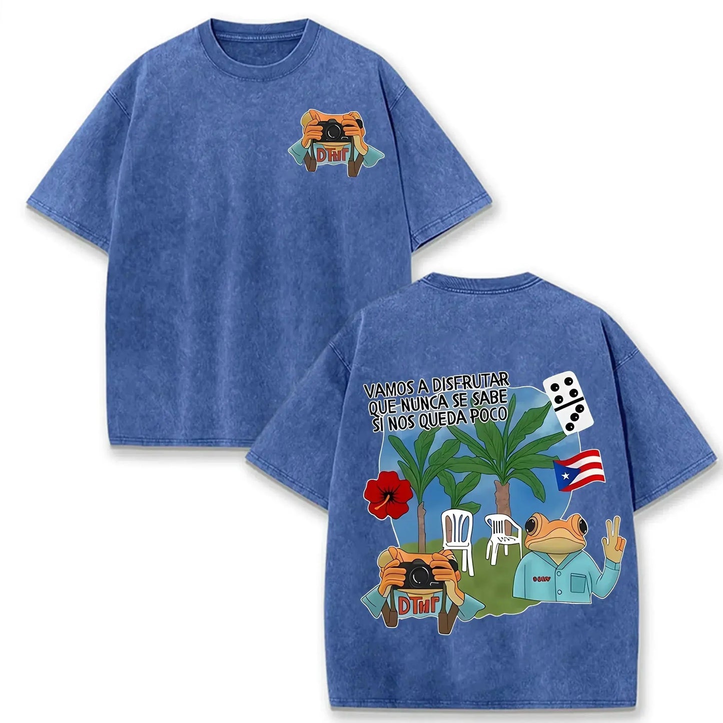 Puerto Rico Flag Frog Vamos A Disfrutar Quote Print Washed Beige Travel Lover T-shirt by Vimost Shop