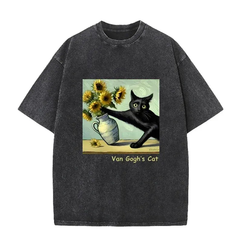 Funny s Cat Sunflower Art Print Vintage Washed Black Casual Top by Vimost Shop