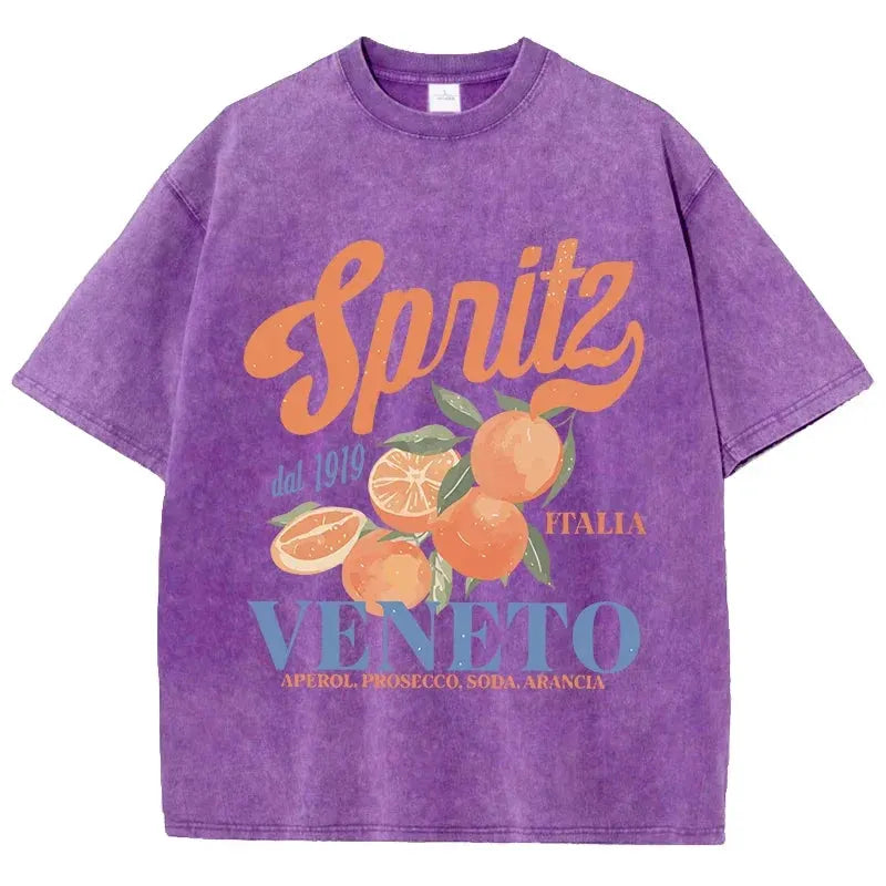 Orange Fruit Printed Washed T-shirt for Men Cotton T-shirt with Holes Round Neck Comfortable Top for Summer Men's Wear by Vimost Shop