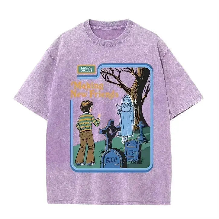 Green Acid Wash Making Friends Ghost Cemetery Vintage Halloween Tee by Vimost Shop