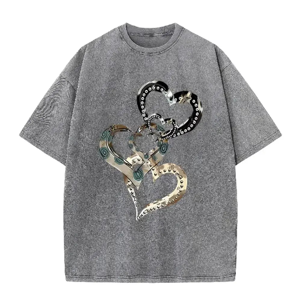 Retro Acid Wash Oversized T-shirt Metallic Multi Heart Print Punk Rivet Design Casual Street Tops by Vimost Shop