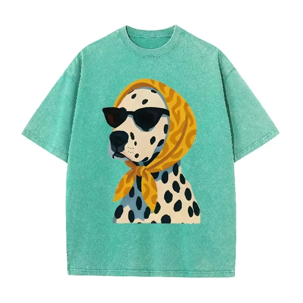 Distressed Vintage Washed Tee Stylish Cool Dalmatian Cartoon Animal Print Loose Fit Short Sleeve T Shirts by Vimost Shop