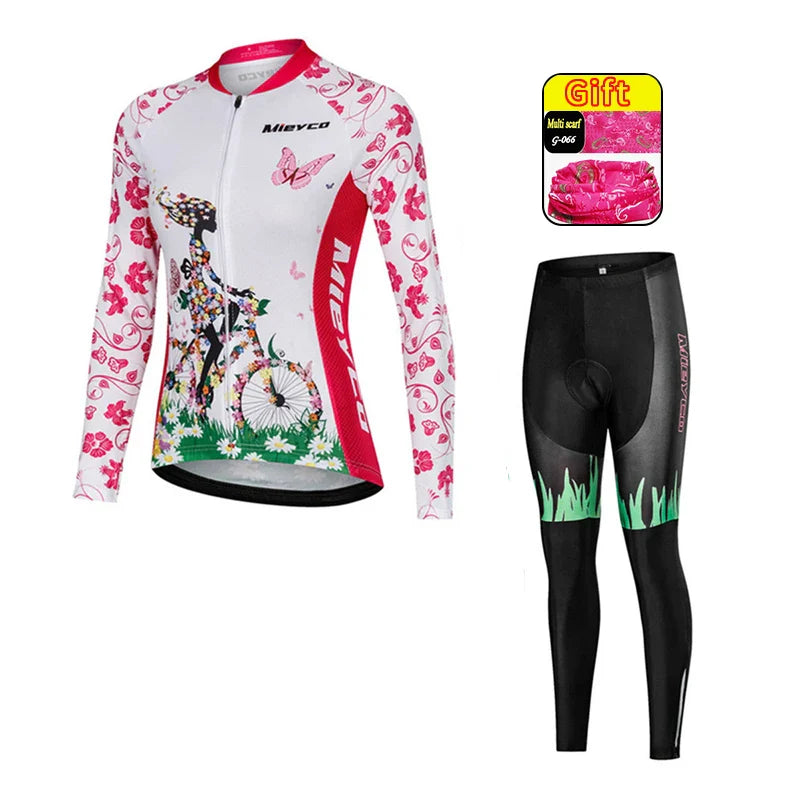 Women Long Sleeve Cycling Jersey Set MTB Bike Pants Kit Breathable Sportswear-6