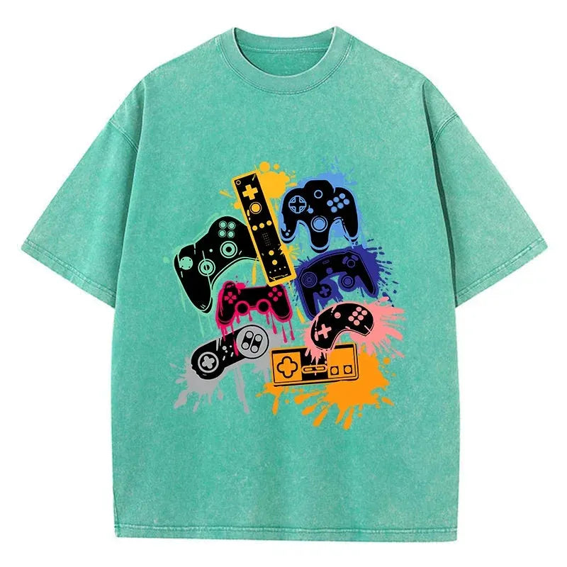 Game Console Graffiti Printing Washed T-Shirt Cotton T Shirts O-Neck Comfortable Distressed Tops Summer Mans Clothes by Vimost Shop