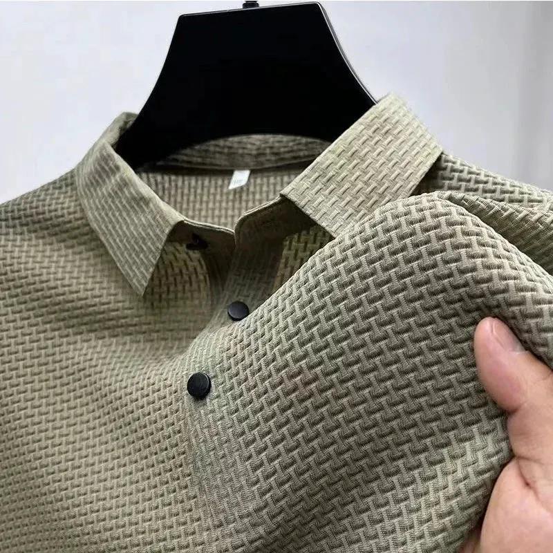 Men's Textured Short-Sleeve Polo Shirt with Collar and Button Placket by Vimost Shop