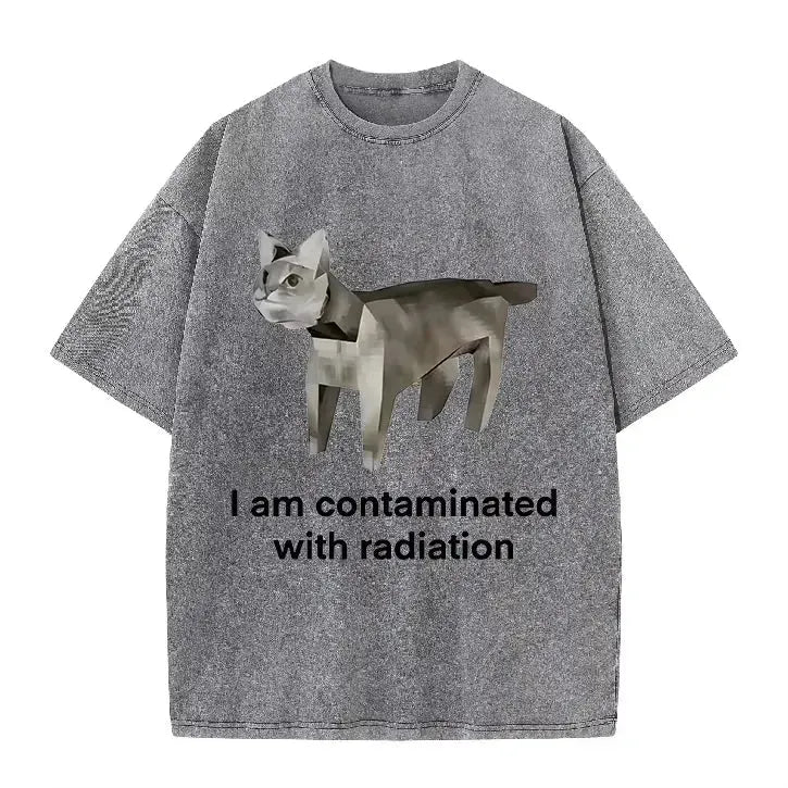 Vintage Washed Green Low Poly Radiation Cat I Am Contaminated Funny Meme Casual T Shirt by Vimost Shop