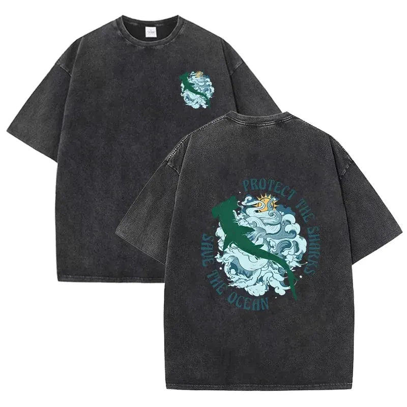Distressed Vintage Washed Tee Double Print Shark Wave Protect Ocean Letter Loose Fit Short Sleeve T Shirts by Vimost Shop