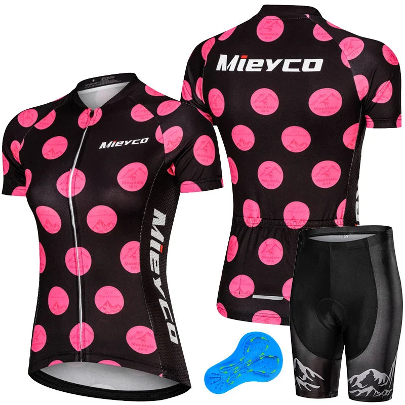 Women Short Sleeve Cycling Jersey Set Summer Bike Bib Shorts Suit-4
