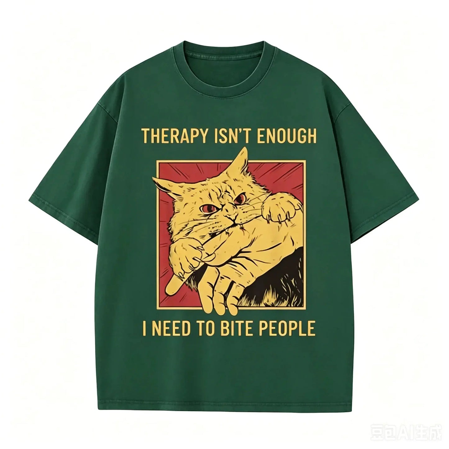 Funny Cat Bite Hand "Therapy Isn't Enough" Print Vintage Washed Black T Shirt by Vimost Shop