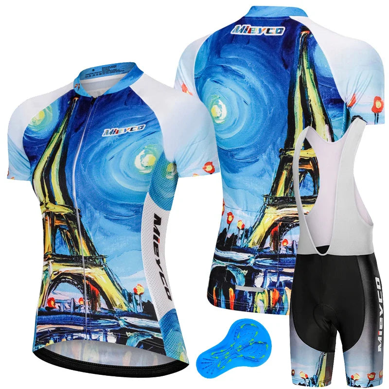 Women Short Sleeve Cycling Jersey Set Summer Bike Bib Shorts Suit-3