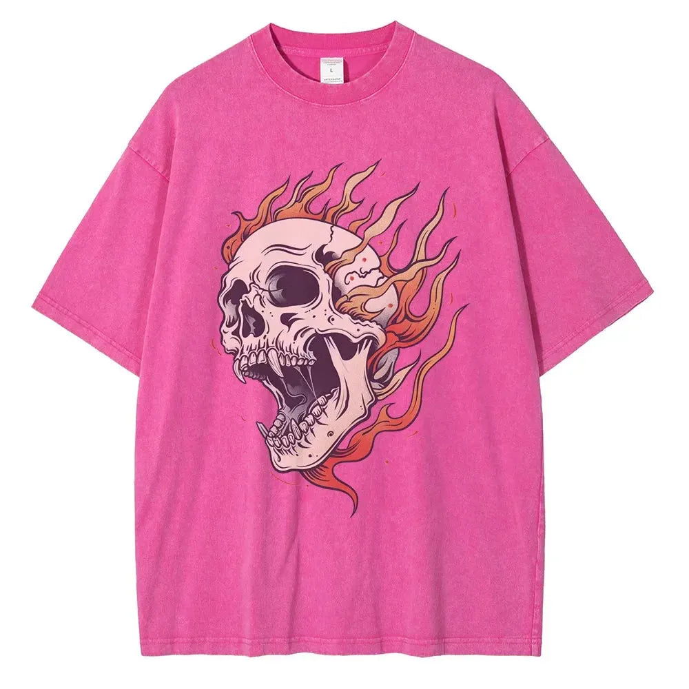 Men's Flame Skull Printed T-shirt Thick Cotton Washed T-shirt,Large Retro Top by Vimost Shop