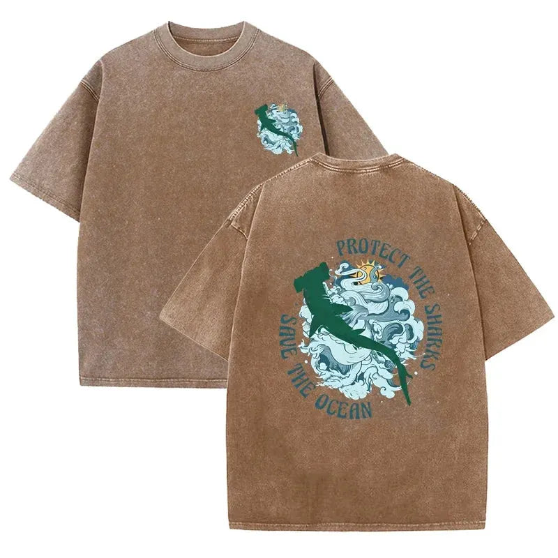 Distressed Vintage Washed Tee Double Print Shark Wave Protect Ocean Letter Loose Fit Short Sleeve T Shirts by Vimost Shop