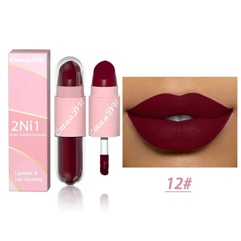 18 Colors 2 in 1 Matte Lipstick Liquid Purple Lip Glaze Double Head Lip Makeup Lasting Waterproof Velvet Sexy Dark Red Lipsticks by HMEINA Store