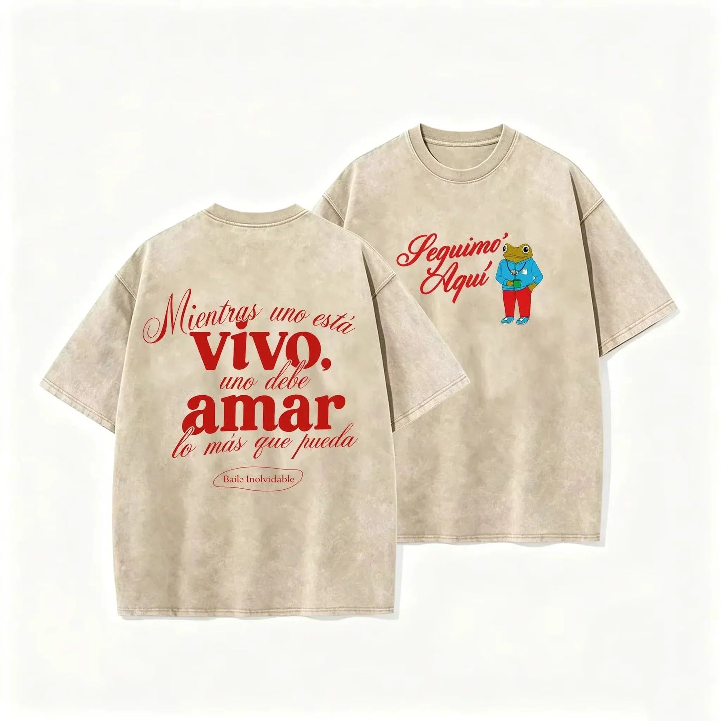 Vintage Washed Black Seguimo Aqui Frog Spanish Slogan Front Back Print Casual T Shirt by Vimost Shop