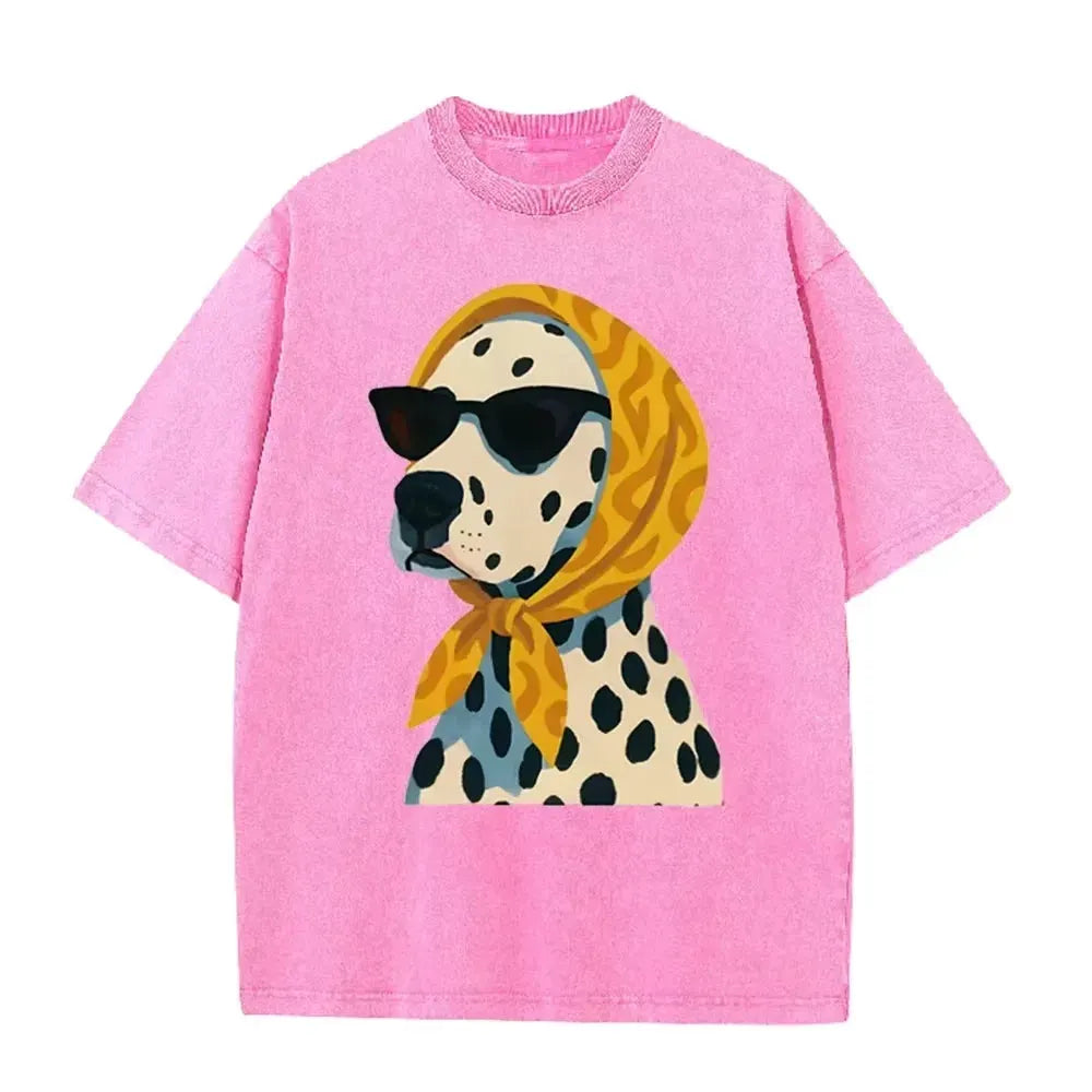 Distressed Vintage Washed Tee Stylish Cool Dalmatian Cartoon Animal Print Loose Fit Short Sleeve T Shirts by Vimost Shop
