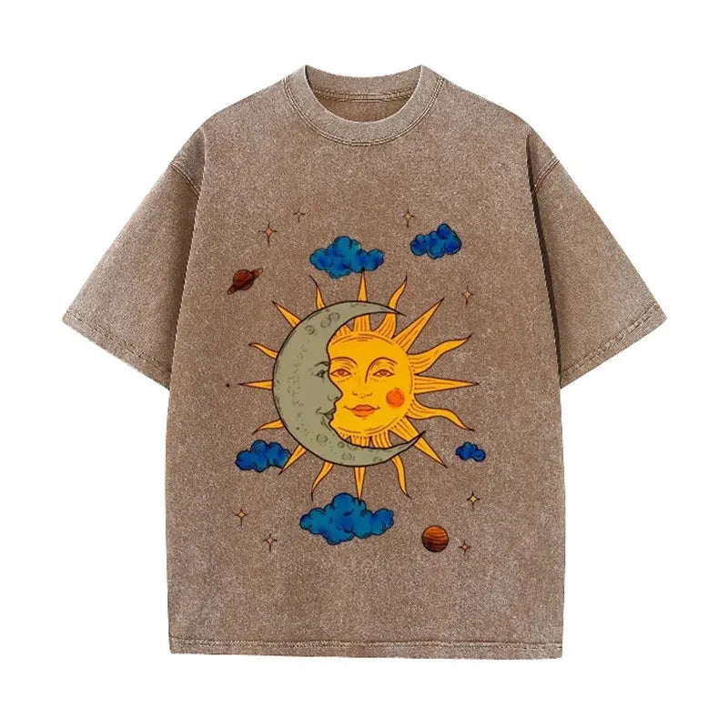 Men's Moon and Sun Printed T-shirt Oversized Short Sleeved Retro Washed Shirt Summer Top by Vimost Shop