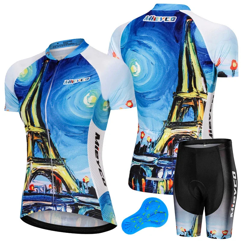 Women Short Sleeve Cycling Jersey Set Summer Bike Bib Shorts Suit-11