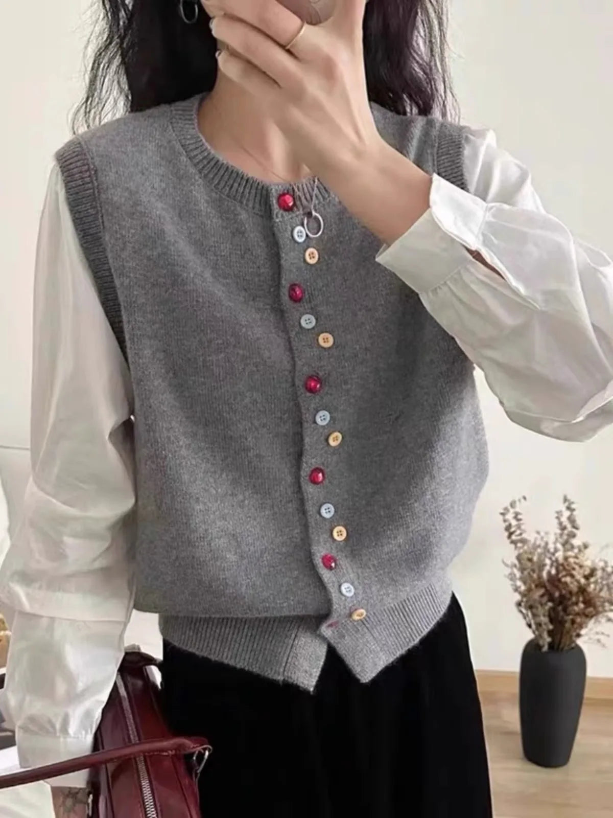 European goods color button cashmere knit vest cardigan women spring and autumn new round neck sleeveless sweater vest-0