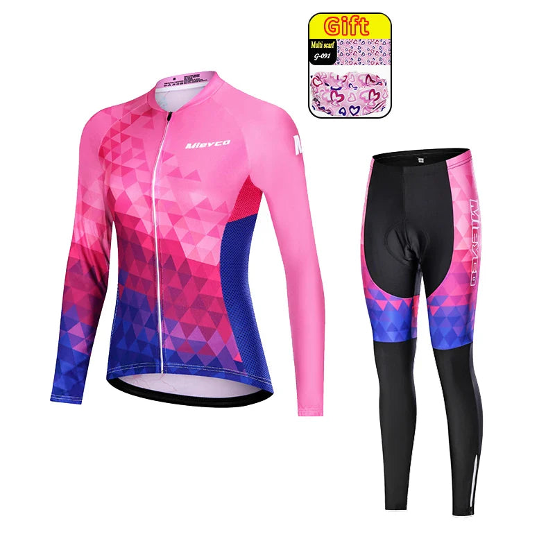 Women Long Sleeve Cycling Jersey Set MTB Bike Pants Kit Breathable Sportswear-19