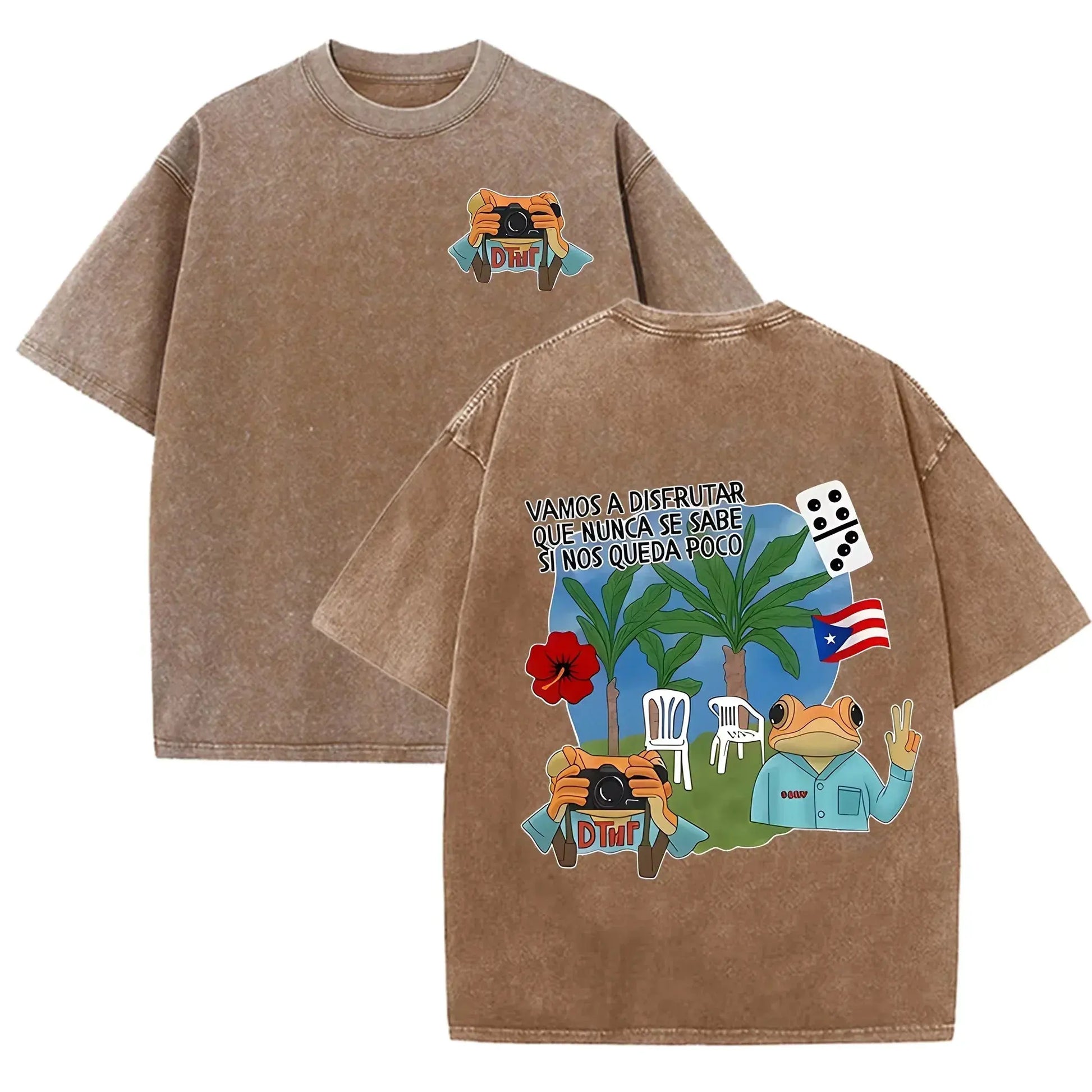 Puerto Rico Flag Frog Vamos A Disfrutar Quote Print Washed Beige Travel Lover T-shirt by Vimost Shop