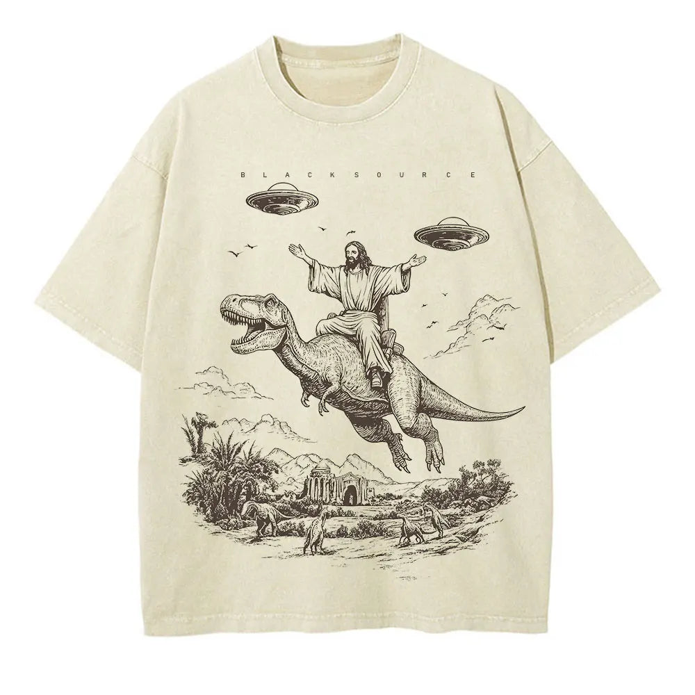 Vintage Cartoon Dinosaur Graphic T-Shirt Washed Oversized Streetwear Tee-1