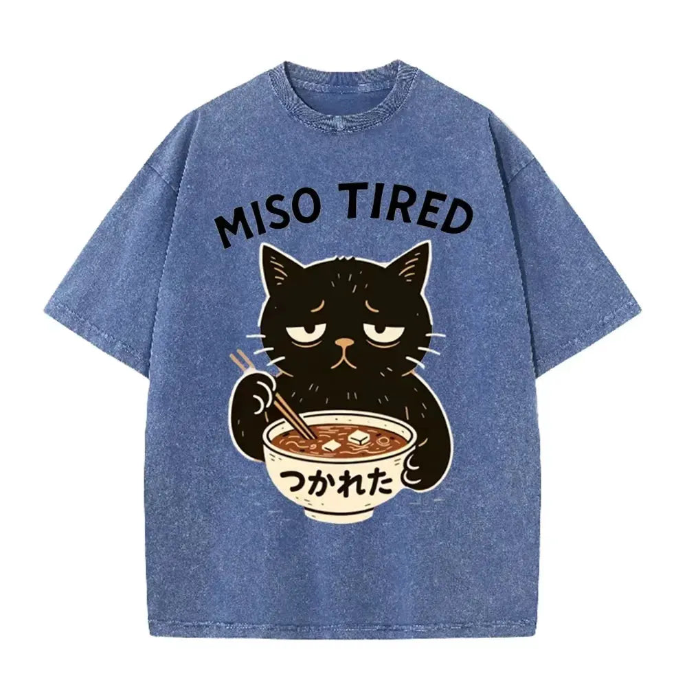 Vintage Washed Purple Miso Tired Black Cat Miso Soup Casual T Shirt by Vimost Shop