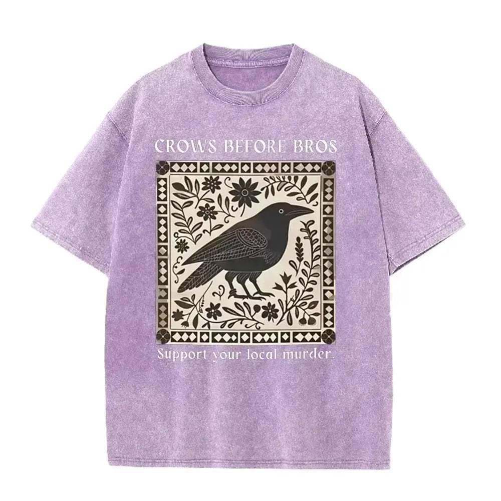 Distressed Vintage Washed Tee Vintage Square Crow Floral Print Support Local Murder Funny Slogan Loose T Shirts by Vimost Shop