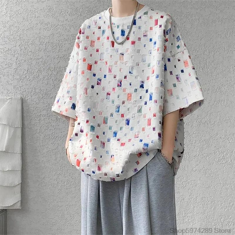 Summer Short Sleeved T-shirt Men Hollow Out Oversized Plaid T Shirt Men Streetwear Hip Hop Loose Casual Tshirt Male 5XL by Vimost Shop