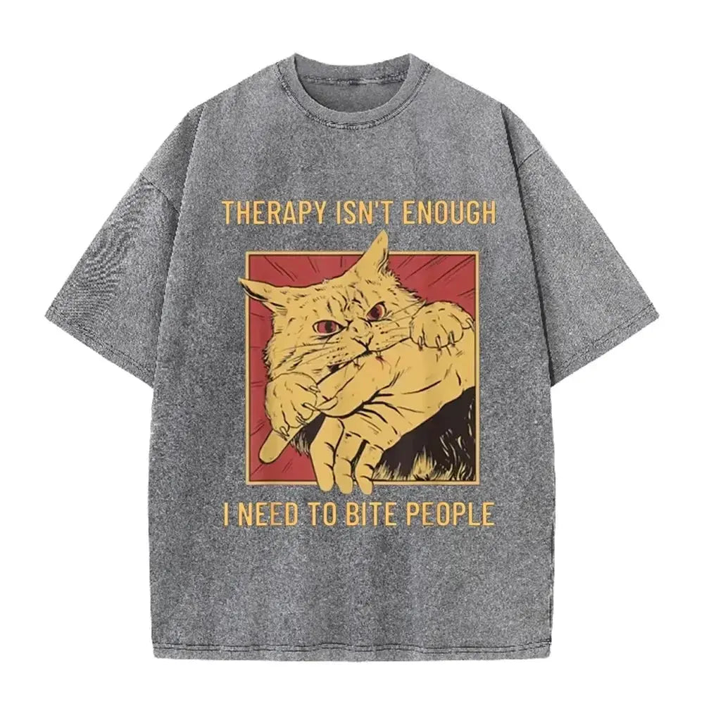 Funny Cat Bite Hand "Therapy Isn't Enough" Print Vintage Washed Black T Shirt by Vimost Shop