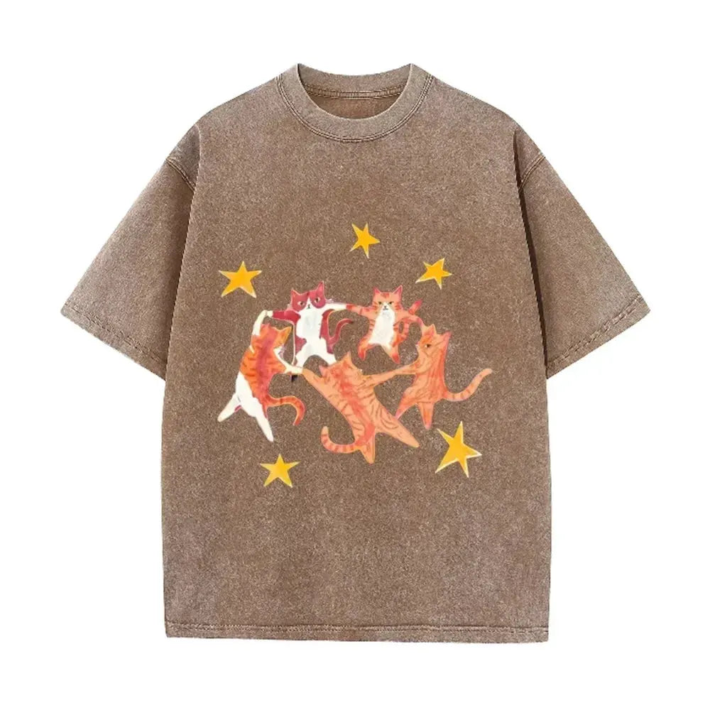 Vintage Washed Purple Dancing Orange Cats Star Print Casual Cute Animal Graphic T Shirt by Vimost Shop