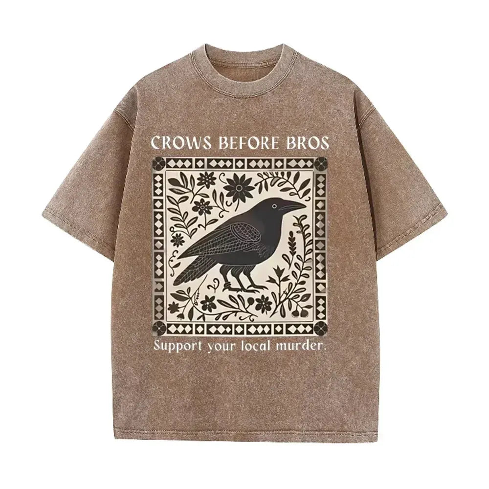 Distressed Vintage Washed Tee Vintage Square Crow Floral Print Support Local Murder Funny Slogan Loose T Shirts by Vimost Shop