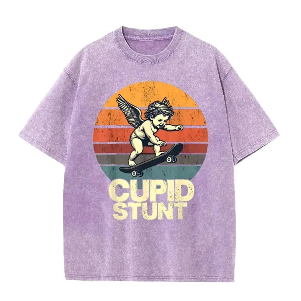 Retro Beige Cupid Stunt Skate Graphic Acid Wash Oversized Tee by Vimost Shop