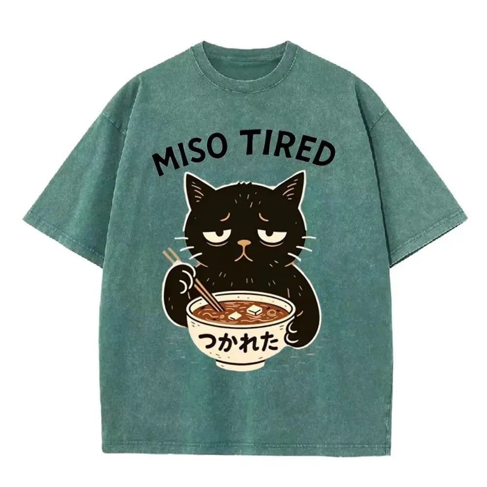 Vintage Washed Purple Miso Tired Black Cat Miso Soup Casual T Shirt by Vimost Shop