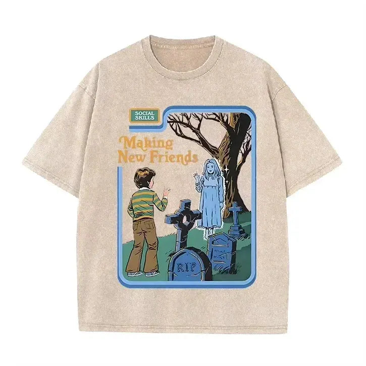 Green Acid Wash Making Friends Ghost Cemetery Vintage Halloween Tee by Vimost Shop