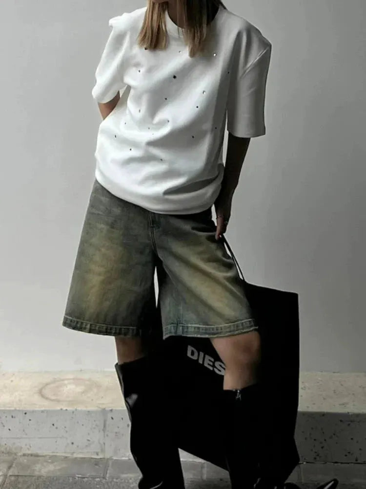 S-4XL Denim Shorts Women Chic Leisure Streetwear High Waist Korean Style Summer Knee Simple Comfortable Students Clothing New by Fertile Store
