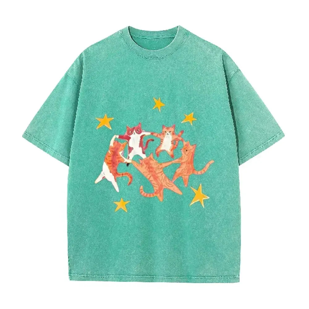 Vintage Washed Purple Dancing Orange Cats Star Print Casual Cute Animal Graphic T Shirt by Vimost Shop