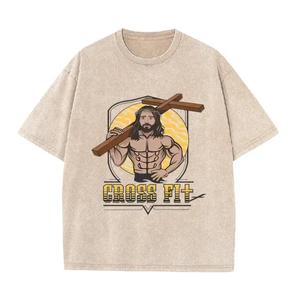 Oversized Washed Cotton Graphic T-Shirt with Short Sleeves by Vimost Shop