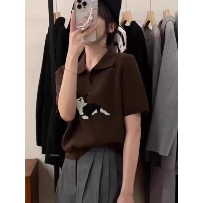 European vintage cat jacquard cashmere knitted short-sleeved women's lapel front-shoulder wool T-shirt, half-sleeved short top by Vimost Shop