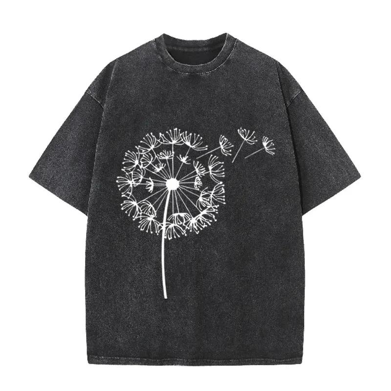 Dandelion Print Vintage Washed Brown T Shirt Casual Minimalist Streetwear Tee by Vimost Shop