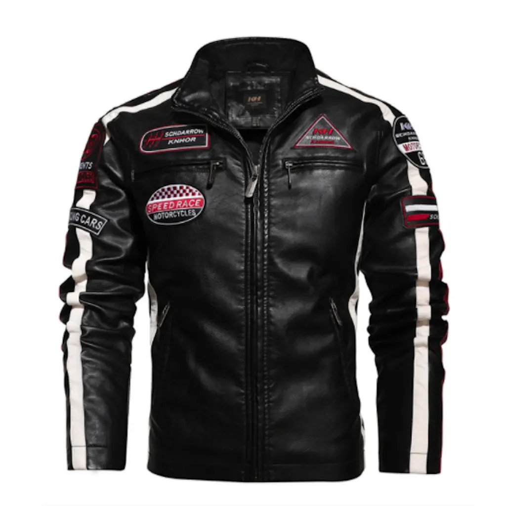 Men’s Vegan Leather Biker Jacket with Badges Faux Fur Lined by Inland Leather