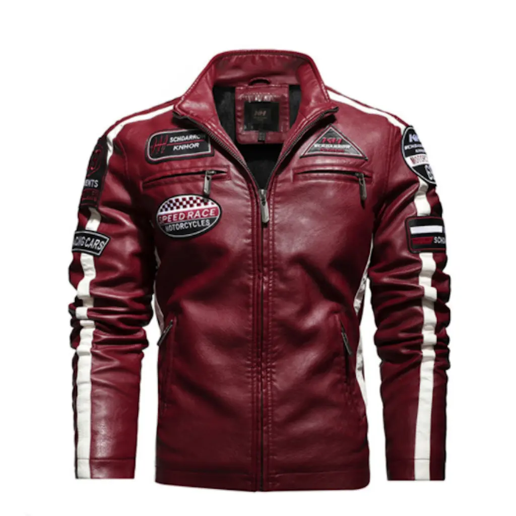 Men’s Vegan Leather Biker Jacket with Badges Faux Fur Lined by Inland Leather