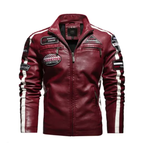 Men’s Vegan Leather Biker Jacket with Badges Faux Fur Lined by Inland Leather