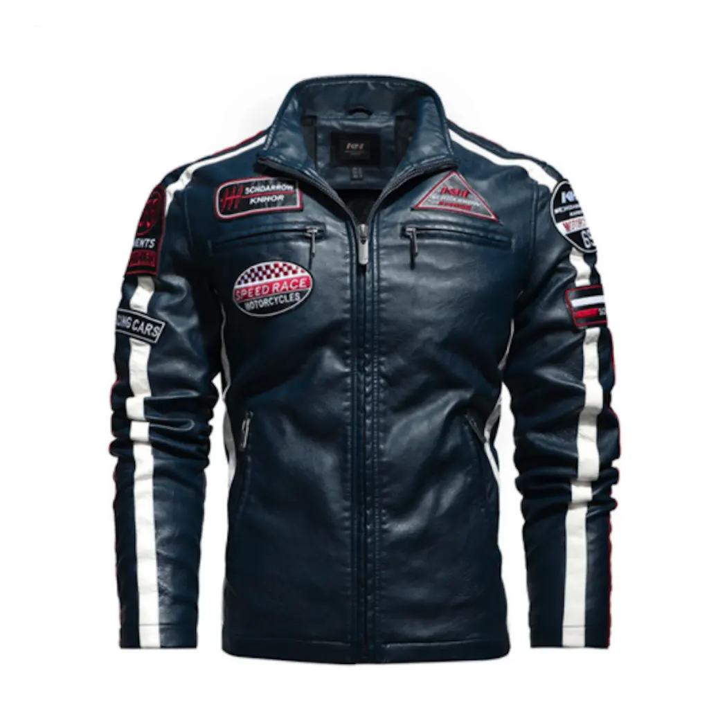 Men’s Vegan Leather Biker Jacket with Badges Faux Fur Lined by Inland Leather