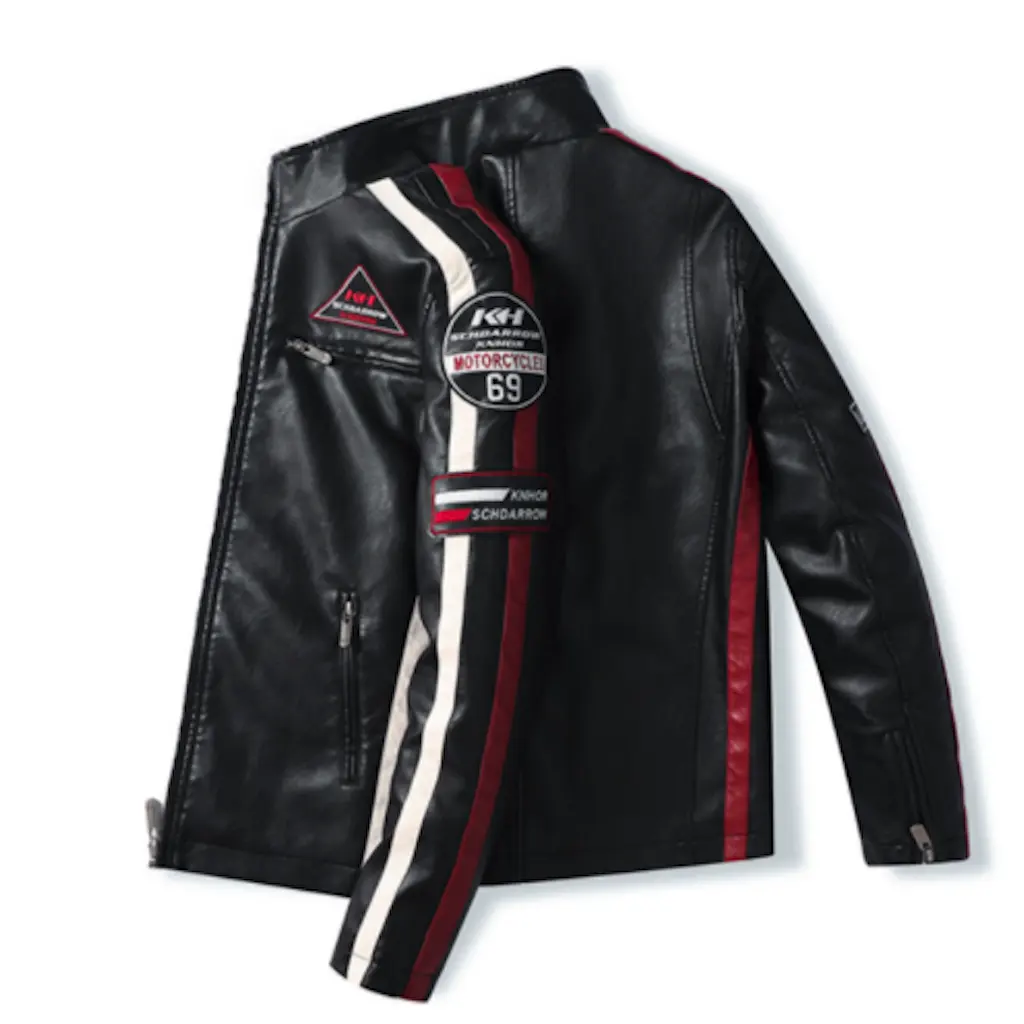 Men’s Vegan Leather Biker Jacket with Badges Faux Fur Lined by Inland Leather